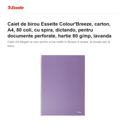 Caiet de birou Esselte Colour'Breeze, carton, A4, 80 coli, cu spira, dictando, pentru documente perforate, hartie 80 g/mp, lavanda [1]