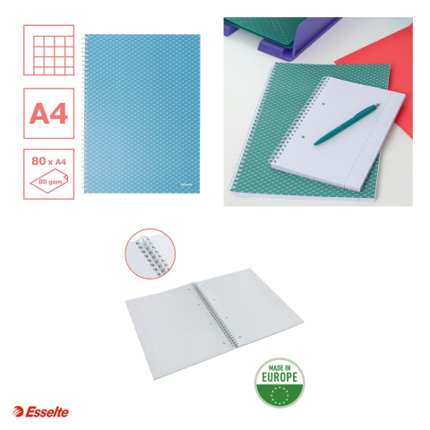Caiet de birou Esselte Colour'Breeze, carton, A4, 80 coli, cu spira, matematica, pentru documente perforate, hartie 80 g/mp, albastru [3]