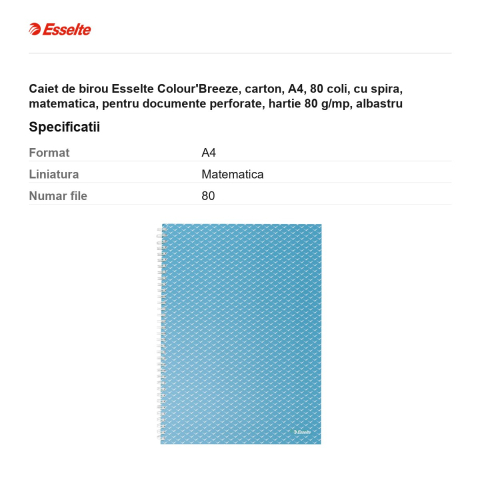 Caiet de birou Esselte Colour'Breeze, carton, A4, 80 coli, cu spira, matematica, pentru documente perforate, hartie 80 g/mp, albastru [2]