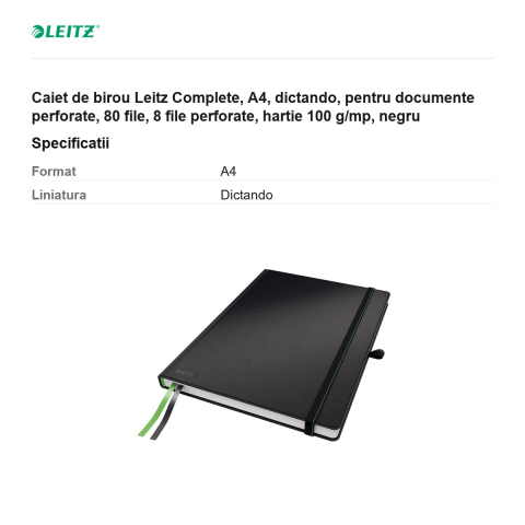 Caiet de birou Leitz Complete, A4, dictando, pentru documente perforate, 80 file, 8 file perforate, hartie 100 g/mp, negru [2]