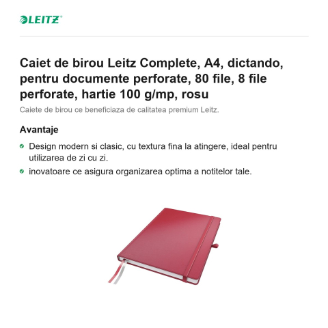 Caiet de birou Leitz Complete, A4, dictando, pentru documente perforate, 80 file, 8 file perforate, hartie 100 g/mp, rosu [1]