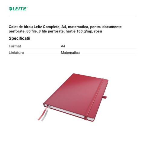 Caiet de birou Leitz Complete, A4, matematica, pentru documente perforate, 80 file, 8 file perforate, hartie 100 g/mp, rosu [2]