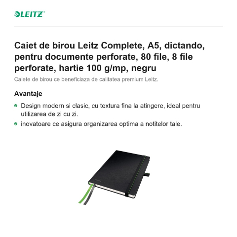 Caiet de birou Leitz Complete, A5, dictando, pentru documente perforate, 80 file, 8 file perforate, hartie 100 g/mp, negru [1]