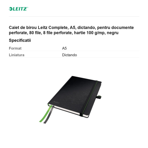 Caiet de birou Leitz Complete, A5, dictando, pentru documente perforate, 80 file, 8 file perforate, hartie 100 g/mp, negru [2]