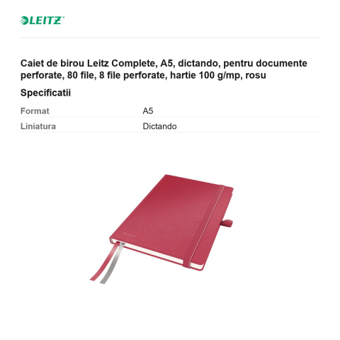 Caiet de birou Leitz Complete, A5, dictando, pentru documente perforate, 80 file, 8 file perforate, hartie 100 g/mp, rosu [2]