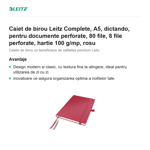 Caiet de birou Leitz Complete, A5, dictando, pentru documente perforate, 80 file, 8 file perforate, hartie 100 g/mp, rosu [1]