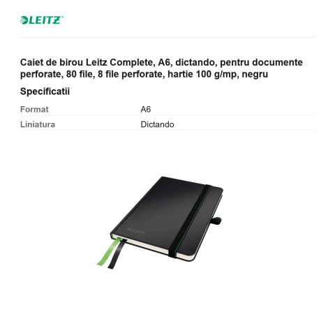 Caiet de birou Leitz Complete, A6, dictando, pentru documente perforate, 80 file, 8 file perforate, hartie 100 g/mp, negru [2]