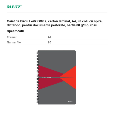 Caiet de birou Leitz Office, carton laminat, A4, 90 coli, cu spira, dictando, pentru documente perforate, hartie 80 g/mp, rosu [2]