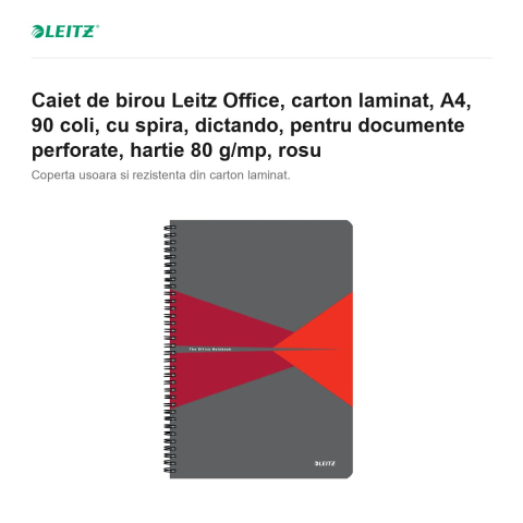 Caiet de birou Leitz Office, carton laminat, A4, 90 coli, cu spira, dictando, pentru documente perforate, hartie 80 g/mp, rosu [1]