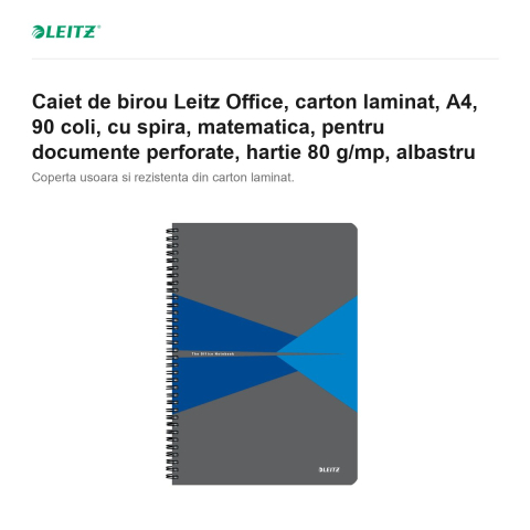 Caiet de birou Leitz Office, carton laminat, A4, 90 coli, cu spira, matematica, pentru documente perforate, hartie 80 g/mp, albastru [1]