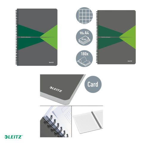 Caiet de birou Leitz Office, carton laminat, A4, 90 coli, cu spira, matematica, pentru documente perforate, hartie 80 g/mp, verde [3]