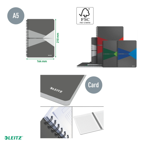 Caiet de birou Leitz Office, carton laminat, A5, 90 coli, cu spira, matematica, pentru documente perforate, hartie 80 g/mp, gri [3]