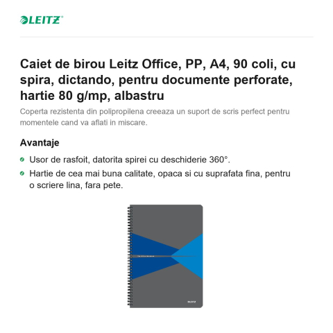 Caiet de birou Leitz Office, PP, A4, 90 coli, cu spira, dictando, pentru documente perforate, hartie 80 g/mp, albastru [1]