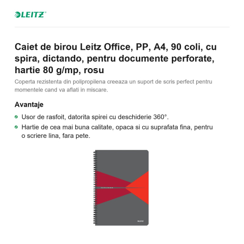 Caiet de birou Leitz Office, PP, A4, 90 coli, cu spira, dictando, pentru documente perforate, hartie 80 g/mp, rosu [1]