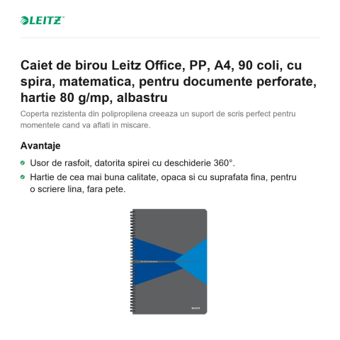 Caiet de birou Leitz Office, PP, A4, 90 coli, cu spira, matematica, pentru documente perforate, hartie 80 g/mp, albastru [1]