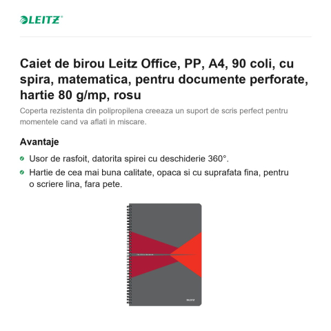 Caiet de birou Leitz Office, PP, A4, 90 coli, cu spira, matematica, pentru documente perforate, hartie 80 g/mp, rosu [1]