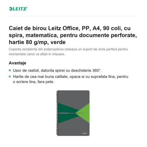 Caiet de birou Leitz Office, PP, A4, 90 coli, cu spira, matematica, pentru documente perforate, hartie 80 g/mp, verde [1]