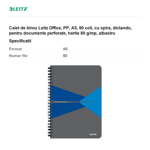 Caiet de birou Leitz Office, PP, A5, 90 coli, cu spira, dictando, pentru documente perforate, hartie 80 g/mp, albastru [2]