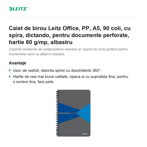 Caiet de birou Leitz Office, PP, A5, 90 coli, cu spira, dictando, pentru documente perforate, hartie 80 g/mp, albastru [1]