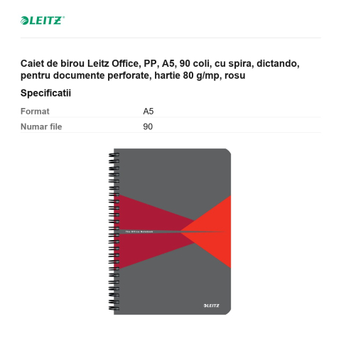 Caiet de birou Leitz Office, PP, A5, 90 coli, cu spira, dictando, pentru documente perforate, hartie 80 g/mp, rosu [2]