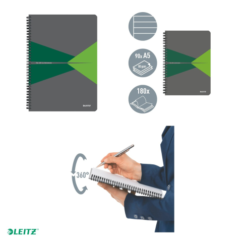 Caiet de birou Leitz Office, PP, A5, 90 coli, cu spira, dictando, pentru documente perforate, hartie 80 g/mp, verde [3]