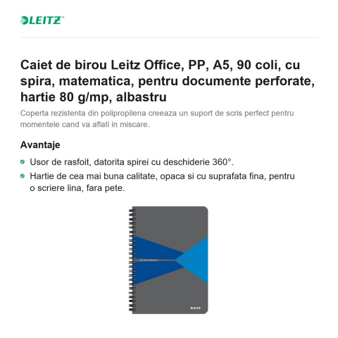 Caiet de birou Leitz Office, PP, A5, 90 coli, cu spira, matematica, pentru documente perforate, hartie 80 g/mp, albastru [1]