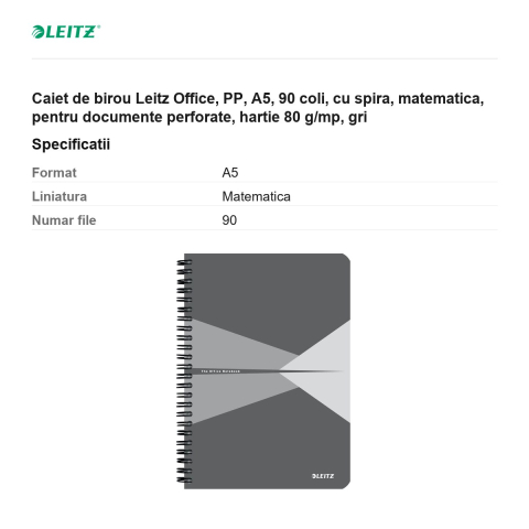 Caiet de birou Leitz Office, PP, A5, 90 coli, cu spira, matematica, pentru documente perforate, hartie 80 g/mp, gri [2]