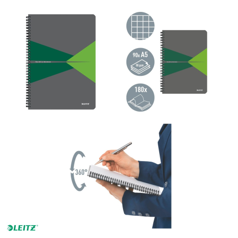 Caiet de birou Leitz Office, PP, A5, 90 coli, cu spira, matematica, pentru documente perforate, hartie 80 g/mp, verde [3]