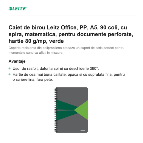 Caiet de birou Leitz Office, PP, A5, 90 coli, cu spira, matematica, pentru documente perforate, hartie 80 g/mp, verde [1]