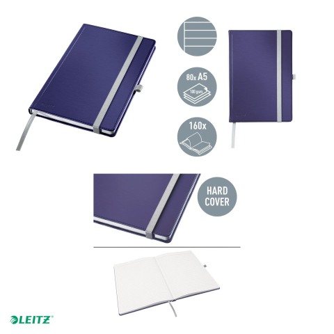 Caiet de birou Leitz Style, coperta dura, A5, 80 coli, dictando, pentru documente perforate, 8 file perforate, hartie 100 g/mp, albastru-violet [3]