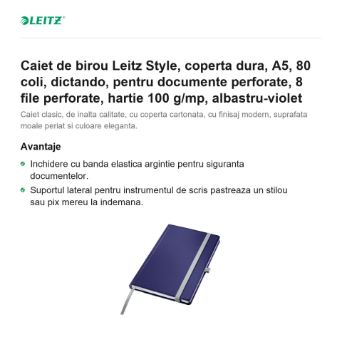 Caiet de birou Leitz Style, coperta dura, A5, 80 coli, dictando, pentru documente perforate, 8 file perforate, hartie 100 g/mp, albastru-violet [1]
