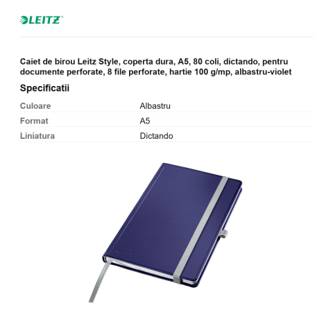 Caiet de birou Leitz Style, coperta dura, A5, 80 coli, dictando, pentru documente perforate, 8 file perforate, hartie 100 g/mp, albastru-violet [2]