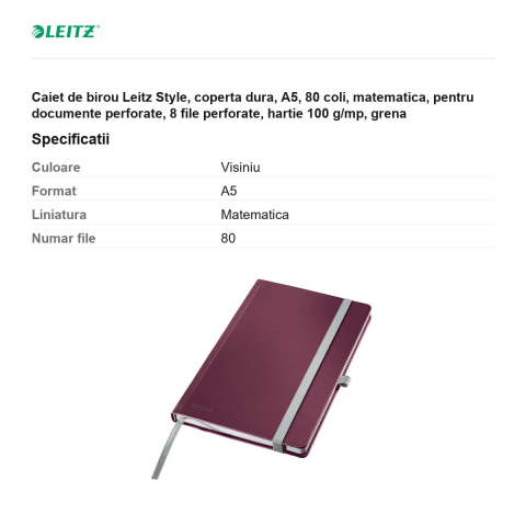 Caiet de birou Leitz Style, coperta dura, A5, 80 coli, matematica, pentru documente perforate, 8 file perforate, hartie 100 g/mp, grena [2]