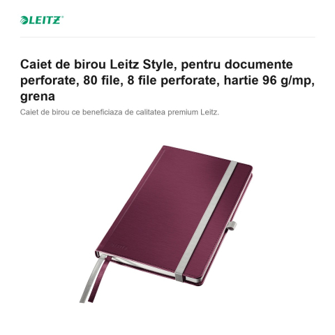 Caiet de birou Leitz Style, pentru documente perforate, 80 file, 8 file perforate, hartie 96 g/mp, grena [1]
