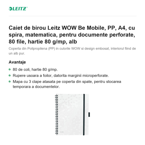 Caiet de birou Leitz WOW Be Mobile, PP, A4, cu spira, matematica, pentru documente perforate, 80 file, hartie 80 g/mp, alb [1]