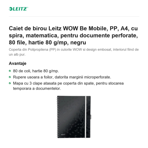 Caiet de birou Leitz WOW Be Mobile, PP, A4, cu spira, matematica, pentru documente perforate, 80 file, hartie 80 g/mp, negru [1]