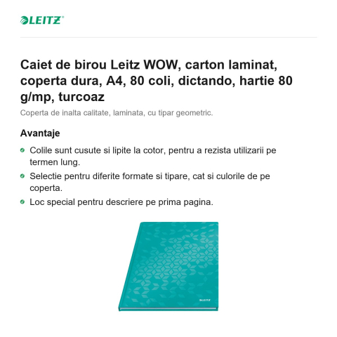 Caiet de birou Leitz WOW, carton laminat, coperta dura, A4, 80 coli, dictando, hartie 80 g/mp, turcoaz [1]
