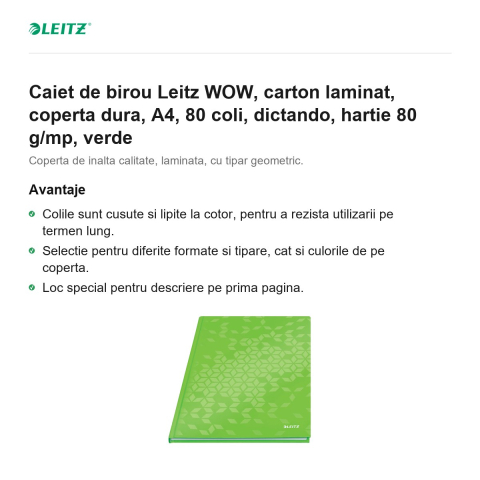 Caiet de birou Leitz WOW, carton laminat, coperta dura, A4, 80 coli, dictando, hartie 80 g/mp, verde [1]