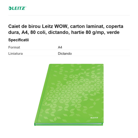 Caiet de birou Leitz WOW, carton laminat, coperta dura, A4, 80 coli, dictando, hartie 80 g/mp, verde [2]