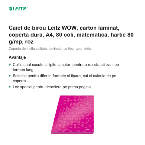 Caiet de birou Leitz WOW, carton laminat, coperta dura, A4, 80 coli, matematica, hartie 80 g/mp, roz [1]