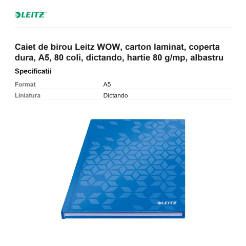 Caiet de birou Leitz WOW, carton laminat, coperta dura, A5, 80 coli, dictando, hartie 80 g/mp, albastru [2]
