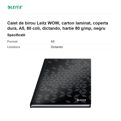 Caiet de birou Leitz WOW, carton laminat, coperta dura, A5, 80 coli, dictando, hartie 80 g/mp, negru [2]