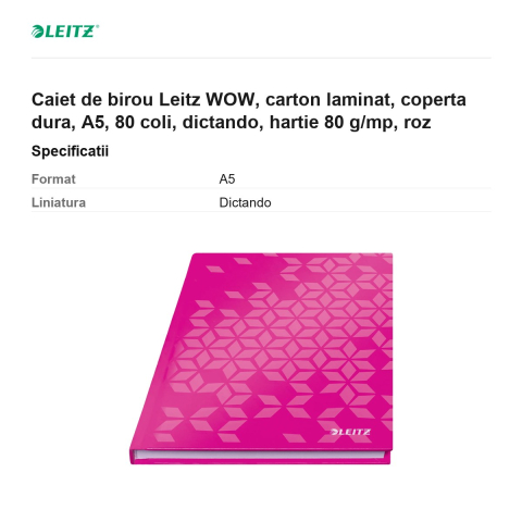 Caiet de birou Leitz WOW, carton laminat, coperta dura, A5, 80 coli, dictando, hartie 80 g/mp, roz [2]