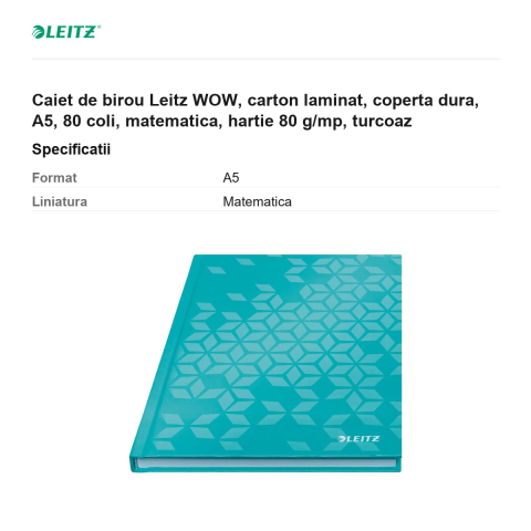 Caiet de birou Leitz WOW, carton laminat, coperta dura, A5, 80 coli, matematica, hartie 80 g/mp, turcoaz [2]