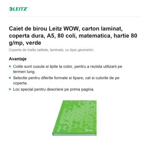 Caiet de birou Leitz WOW, carton laminat, coperta dura, A5, 80 coli, matematica, hartie 80 g/mp, verde [1]