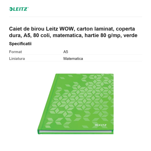 Caiet de birou Leitz WOW, carton laminat, coperta dura, A5, 80 coli, matematica, hartie 80 g/mp, verde [2]