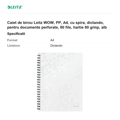 Caiet de birou Leitz WOW, PP, A4, cu spira, dictando, pentru documente perforate, 80 file, hartie 80 g/mp, alb [2]