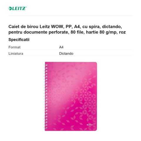 Caiet de birou Leitz WOW, PP, A4, cu spira, dictando, pentru documente perforate, 80 file, hartie 80 g/mp, roz [2]