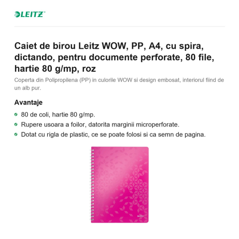 Caiet de birou Leitz WOW, PP, A4, cu spira, dictando, pentru documente perforate, 80 file, hartie 80 g/mp, roz [1]