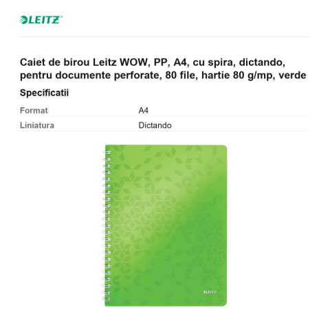 Caiet de birou Leitz WOW, PP, A4, cu spira, dictando, pentru documente perforate, 80 file, hartie 80 g/mp, verde [2]